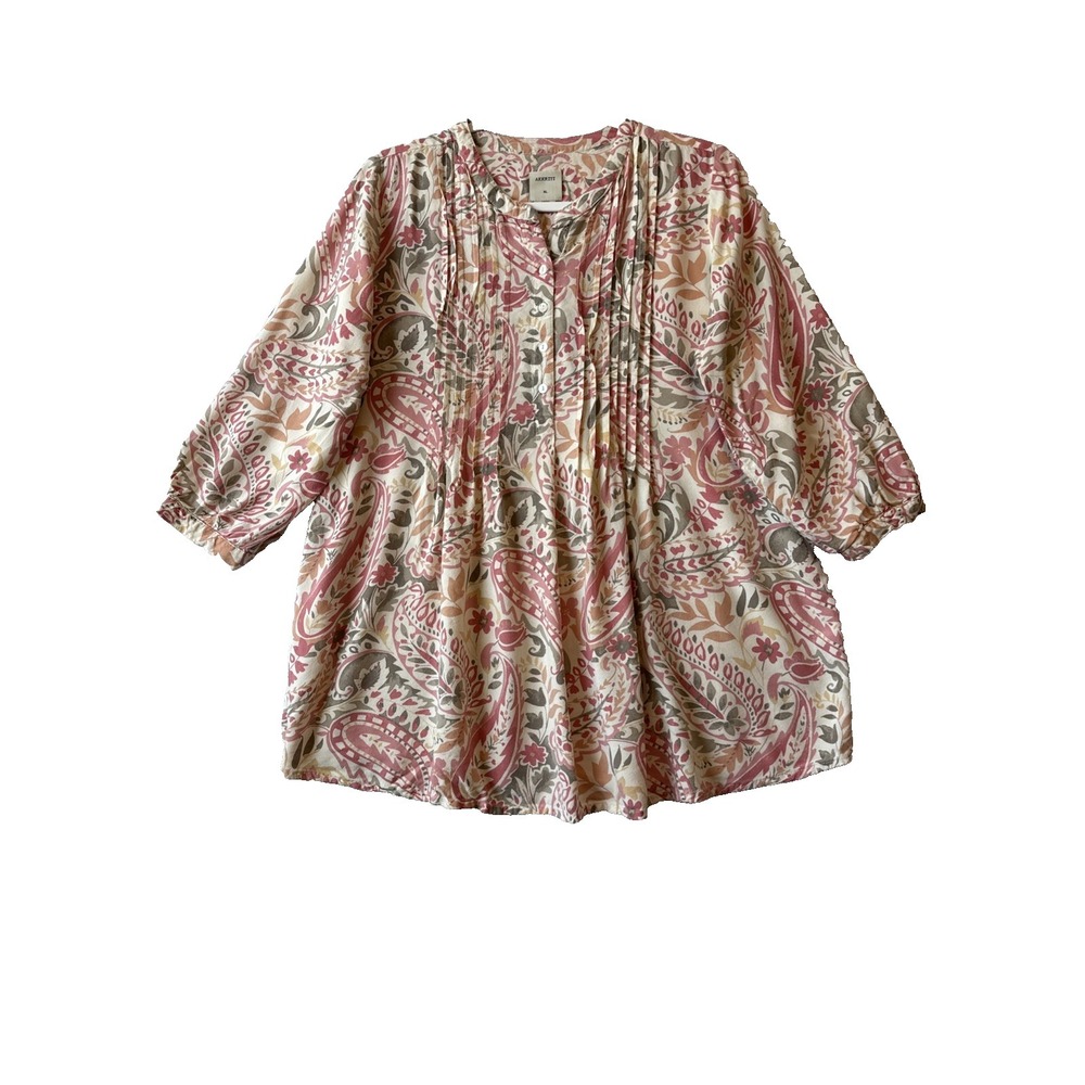 Akkriti Pantaloons Pink Floral Paisley Pleated 3/4 Sleeve Tunic Blouse XL Boho